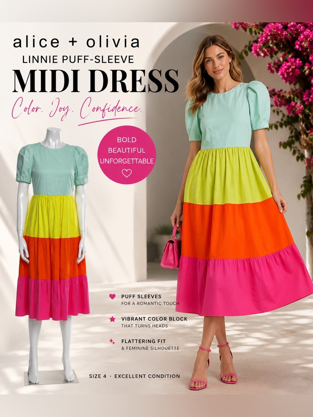 Alice + Olivia Linnie Puff Sleeve Midi Dress 4 Resort Vacation Summer Colorblock